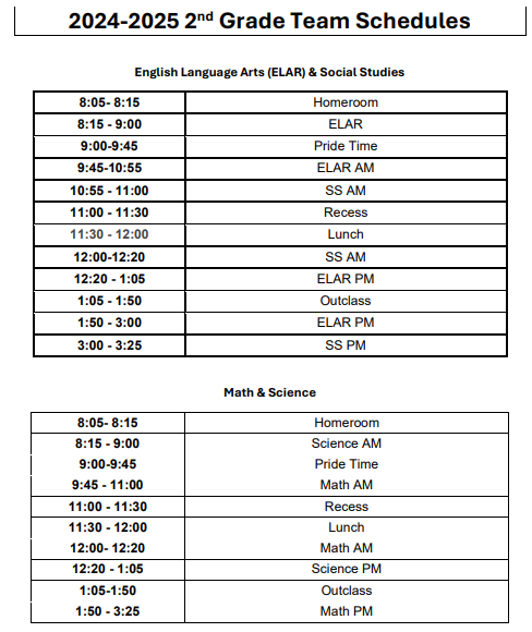 2024-2025 2nd Grade Team Schedule